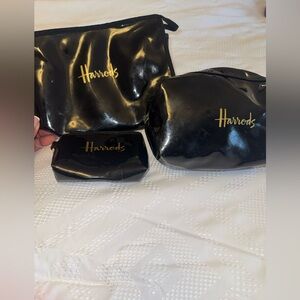 Harrods London 3-Piece Cosmetic Bag Set Black Patent Travel Pouches gold zipper
